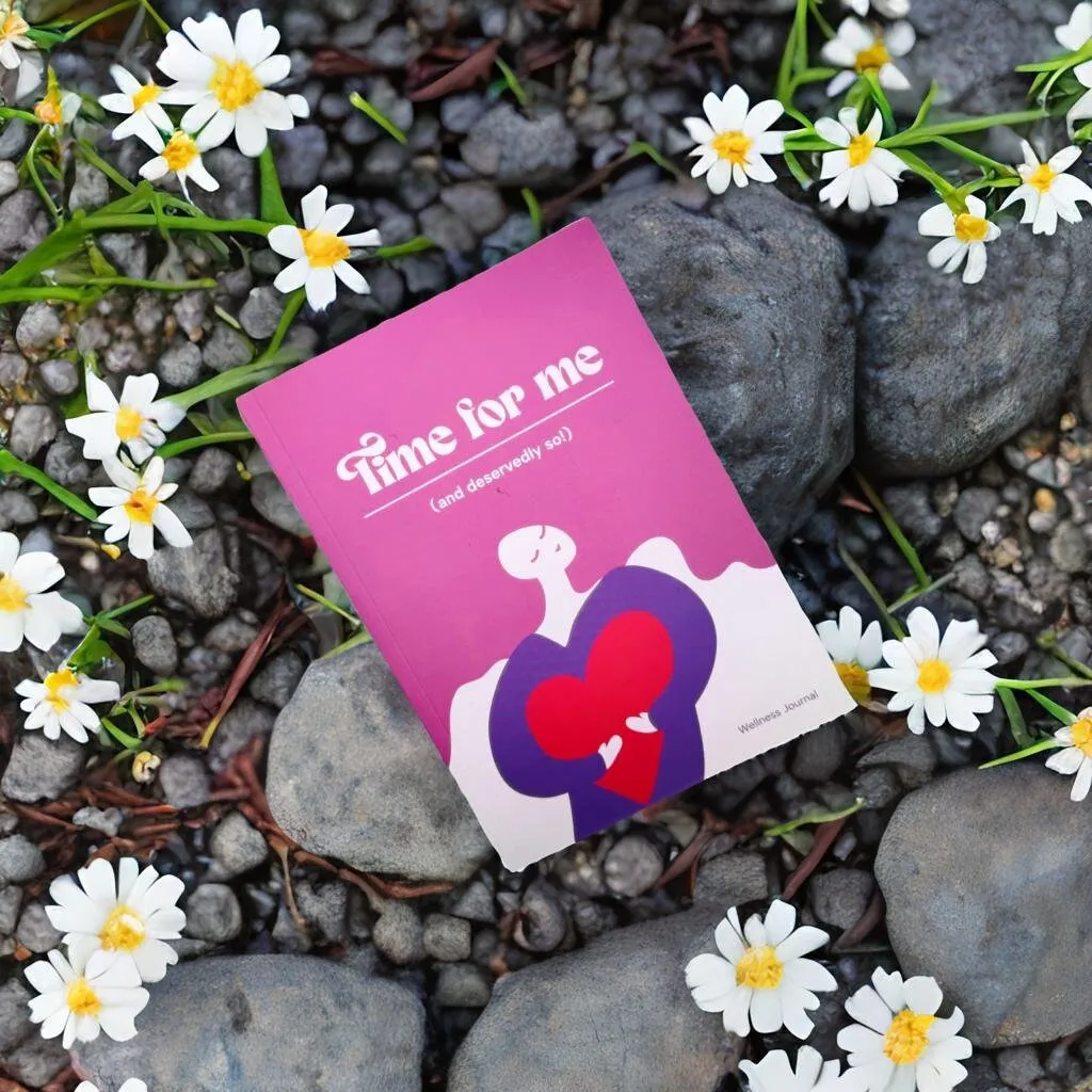 The pink Time For Me wellness journal lying on smooth pebbles among white daisies