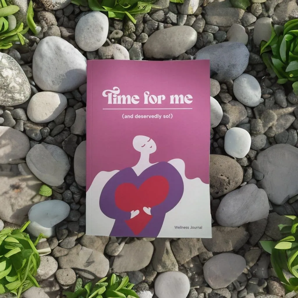 The paperback Time For Me journal standing among smooth pebbles and greenery