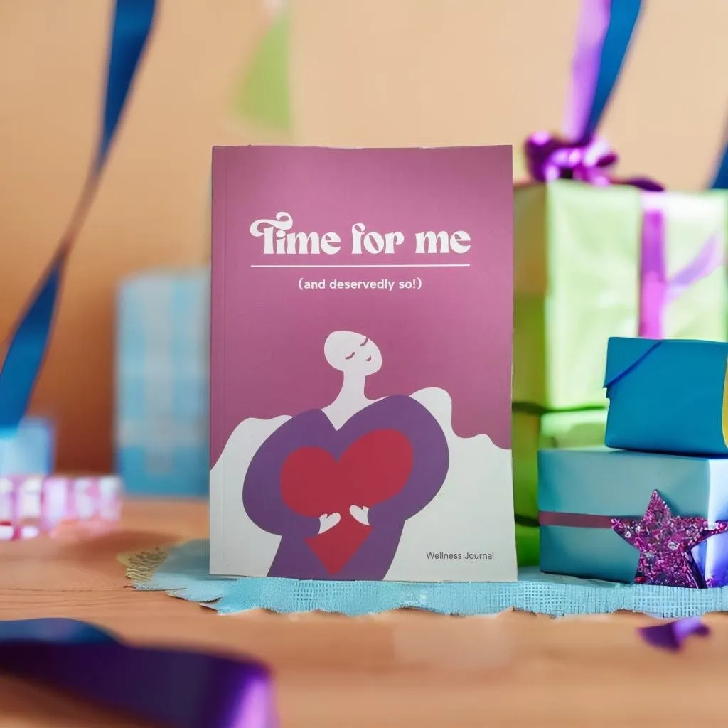 The Time For Me journal standing upright beside wrapped presents and ribbons