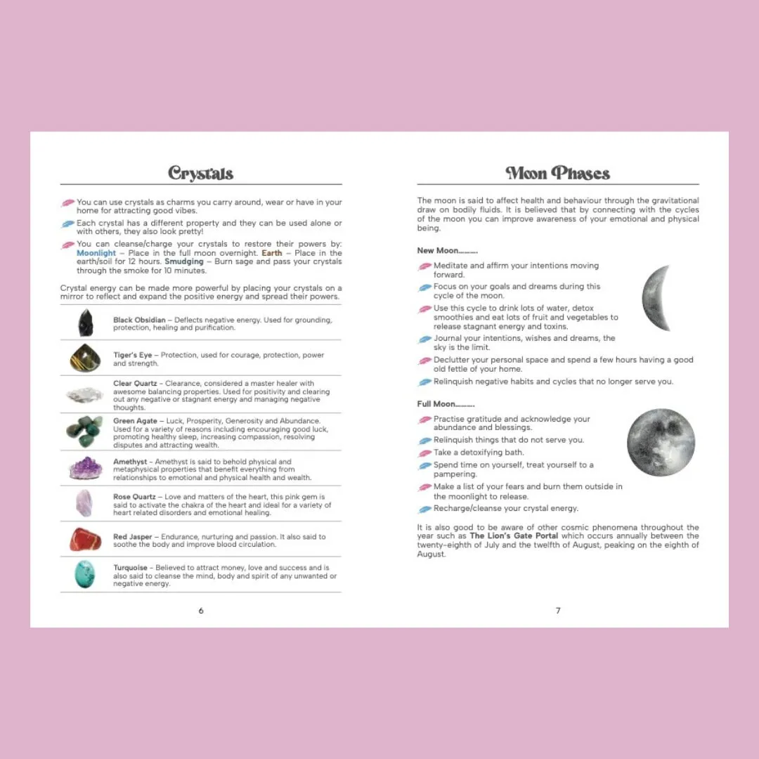 An open spread of the journal's guide pages covering crystals and moon phases